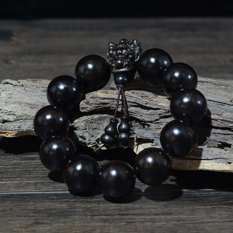 Buddha Stones、ローズウッド、グリーンサンダルウッド、小葉紫檀、龍彫刻の守護ブレスレット