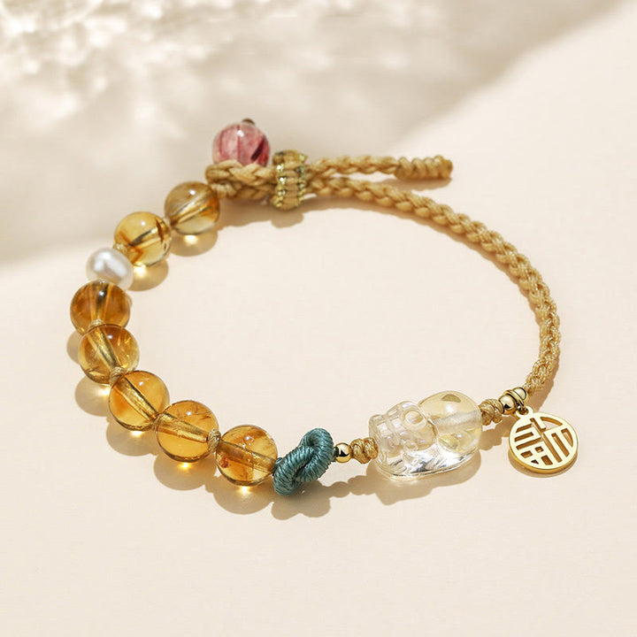 Buddha Stonesシトリン 貔貅 福 キャラクター 繁栄 紐 編み込み ブレスレット