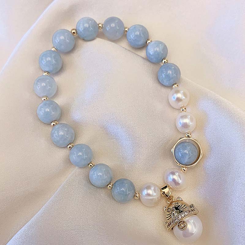 Buddha Stonesアクアマリンパール平和ヒーリングラッキーキャットチャームブレスレット - image 2