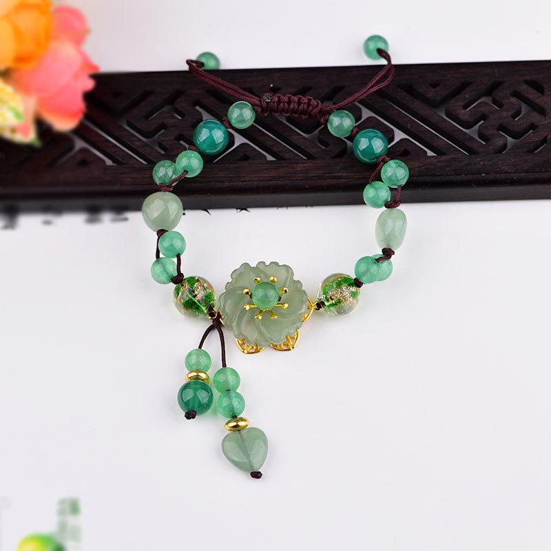 Buddha Stones天然グリーン翡翠幸運ぶら下がり花ブレスレット