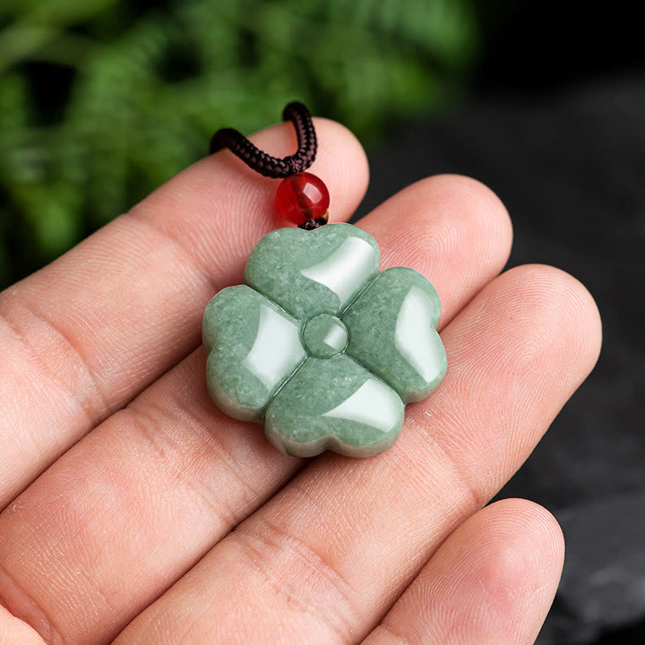 Buddha Stones天然幸運四つ葉のクローバー翡翠繁栄ネックレスペンダント
