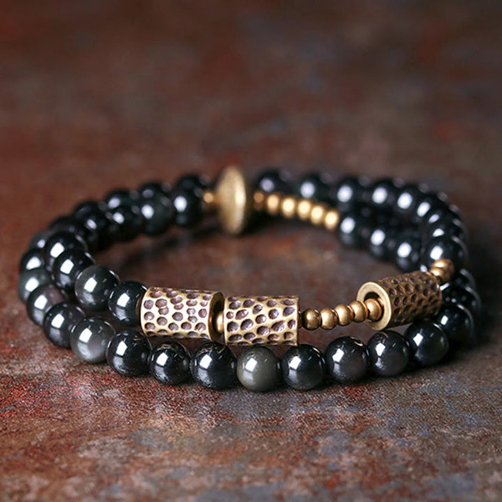 Buddha Stonesレインボーオブシディアン 銅製 ラブ ダブルラップブレスレット