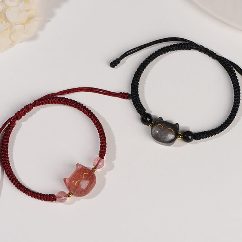 Buddha Stonesハンドメイド 天然銀光沢黒曜石 ストロベリークォーツ かわいい猫のお守り編み込みブレスレット - image 2