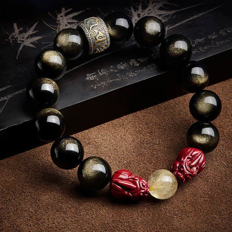Buddha Stones金彩 黒曜石 貔貅 辰砂オーム・マニ・パドメ・フム守護ブレスレット