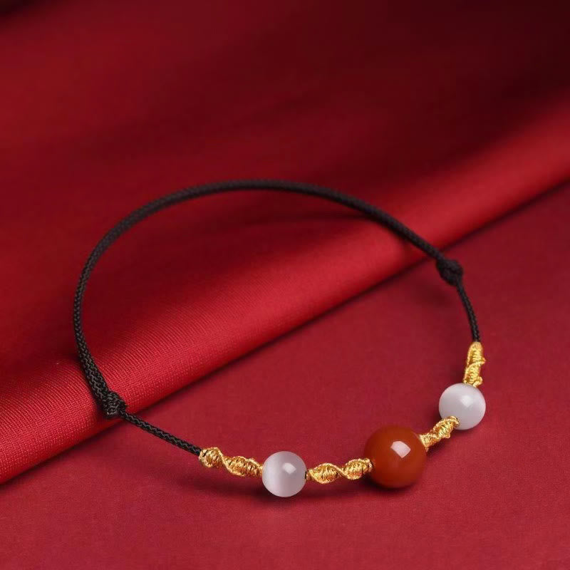 Buddha Stones天然赤瑪瑙 キャッツアイ カーム編み紐ブレスレット ネックレスペンダント - レッドアゲート＆キャッツアイ ブラックロープブレスレット（手首周り13～19cm） - image 2