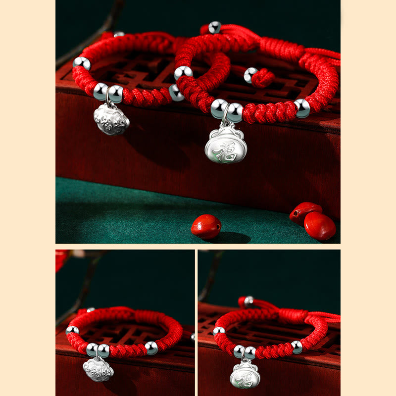 Buddha Stones925 スターリングシルバー ハンドメイド フーキャラクター 幸運のお金袋 中国ロックチャーム ベル ロータス 銅貨 キングコングノット編み 子供用ブレスレット