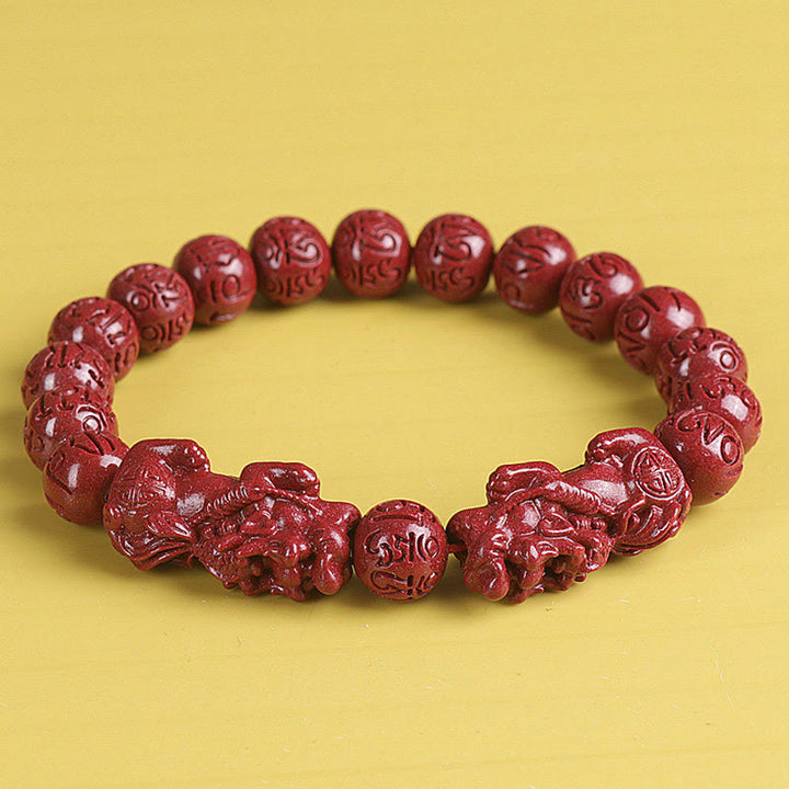 Buddha Stones天然 ダブル 貔貅 辰砂オーム・マニ・パドメ・フム富と幸運のビーズブレスレット