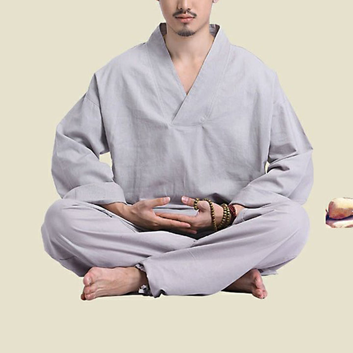 Buddha Stones瞑想祈りVネックデザインコットンリネンスピリチュアル禅練習ヨガウェアメンズセット - image 11