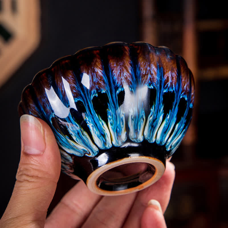 Buddha Stones蓮 金魚 縁起の良い龍 鳳凰 陶器 ティーカップ 象嵌 ティーカップ 130ml
