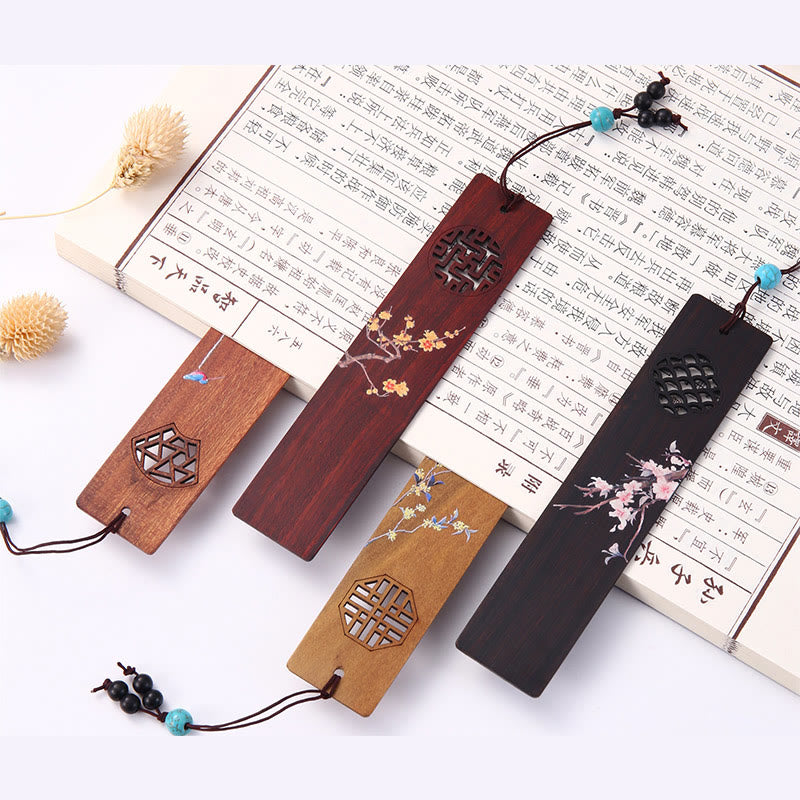 Buddha Stones4個 四季 梅 蘭 竹 菊 京劇マスク 木製ブックマーク ギフトボックス付き