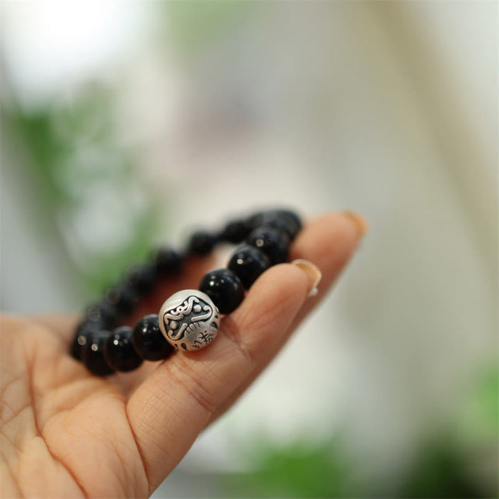 Buddha Stones 925スターリングシルバー ブラックオニキスビーズ キャラクター刻印入り 守護ブレスレット