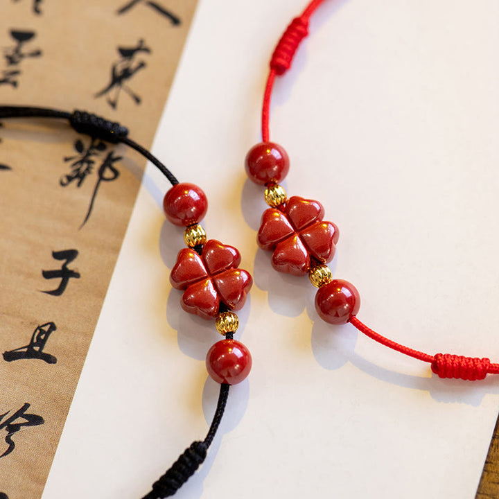 Buddha Stones四つ葉のクローバー 辰砂 祝福 静寂 紐 ブレスレット アンクレット