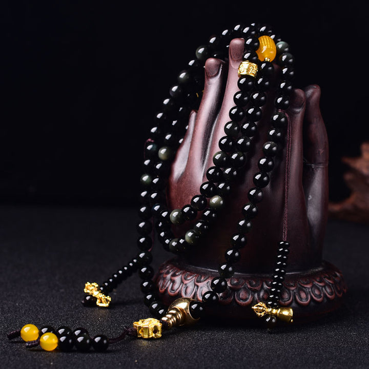 Buddha Stones108 ビーズ 天然黒曜石 蓮 成就Malaブレスレット