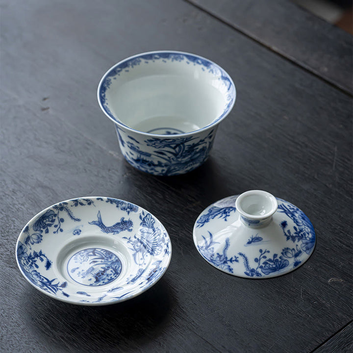 Buddha Stones青と白の磁器 蓮 鯉 獅子舞 スイカ 陶器 蓋碗 三彩 ティーカップ カンフーティーカップ＆ソーサー 蓋付き 300ml