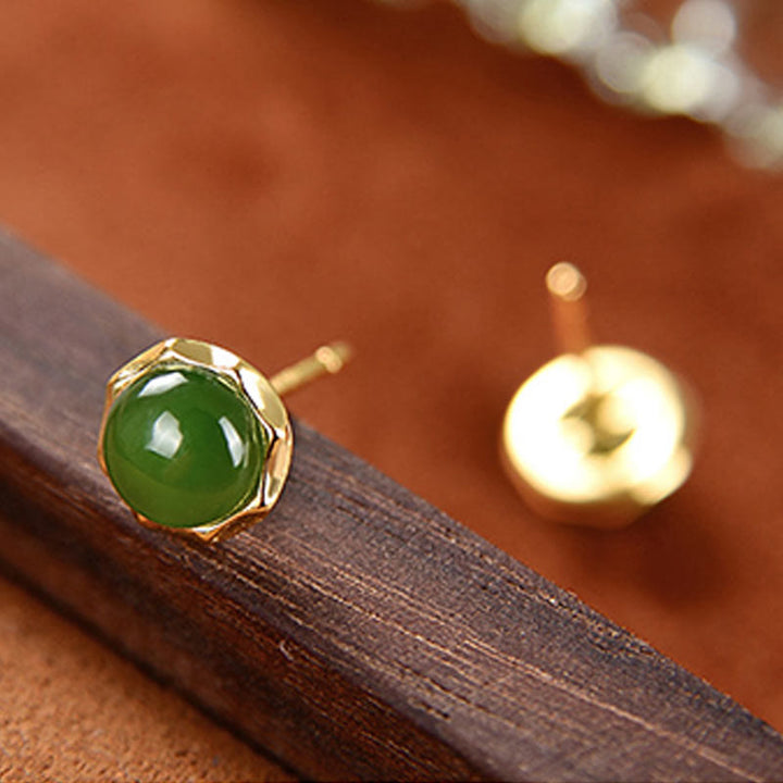 Buddha Stones 925スターリングシルバー ゴールドメッキ 天然和田翡翠ビーズ 幸運のスタッドピアス