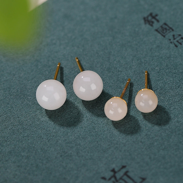 Buddha Stones925スターリングシルバー ラウンドホワイトジェイド ブレッシングスタッドピアス