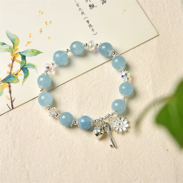Buddha Stones925スターリングシルバー 天然アクアマリン セレニティフラワー ラブキーチャームブレスレット