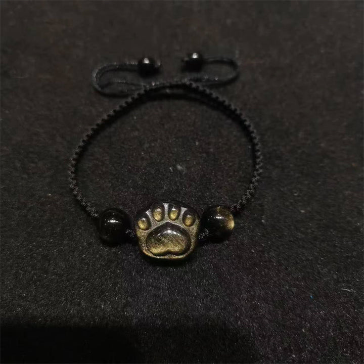Buddha Stones天然銀光沢黒曜石 金光沢黒曜石 かわいい猫の足爪保護ロープブレスレット - ゴールドシーンオブシディアン - ブラックロープ（手首周り14～19cm） - image 11