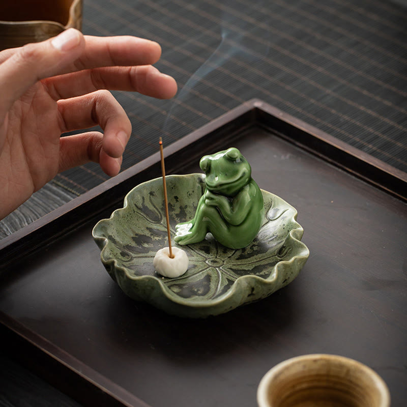 Buddha Stones葉 瞑想 カエル柄 癒し 陶器 香炉 装飾
