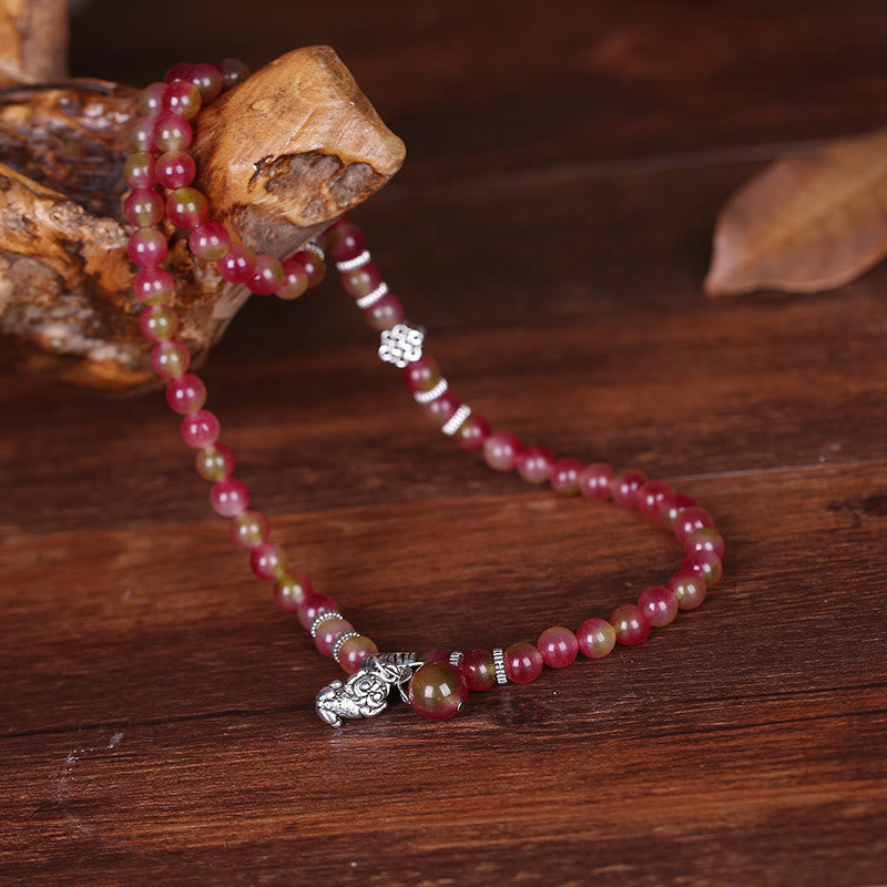 Buddha Stones天然スイカトルマリン貔貅象ポジティブトリプルラップブレスレット