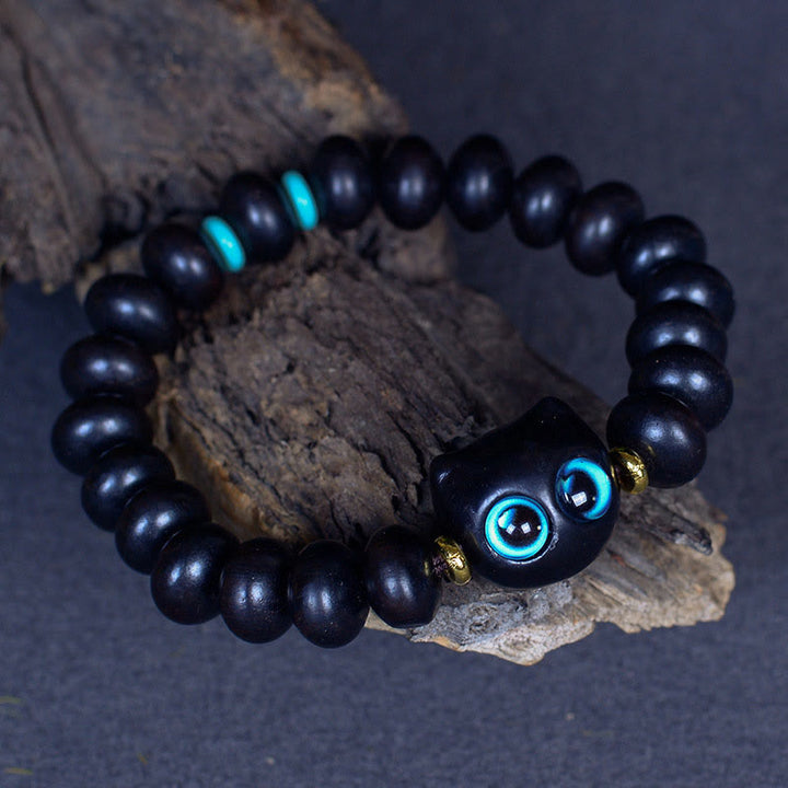 Buddha Stones、黒檀、琉璃ガラス、愛らしい猫の平和バランスブレスレット - image 4