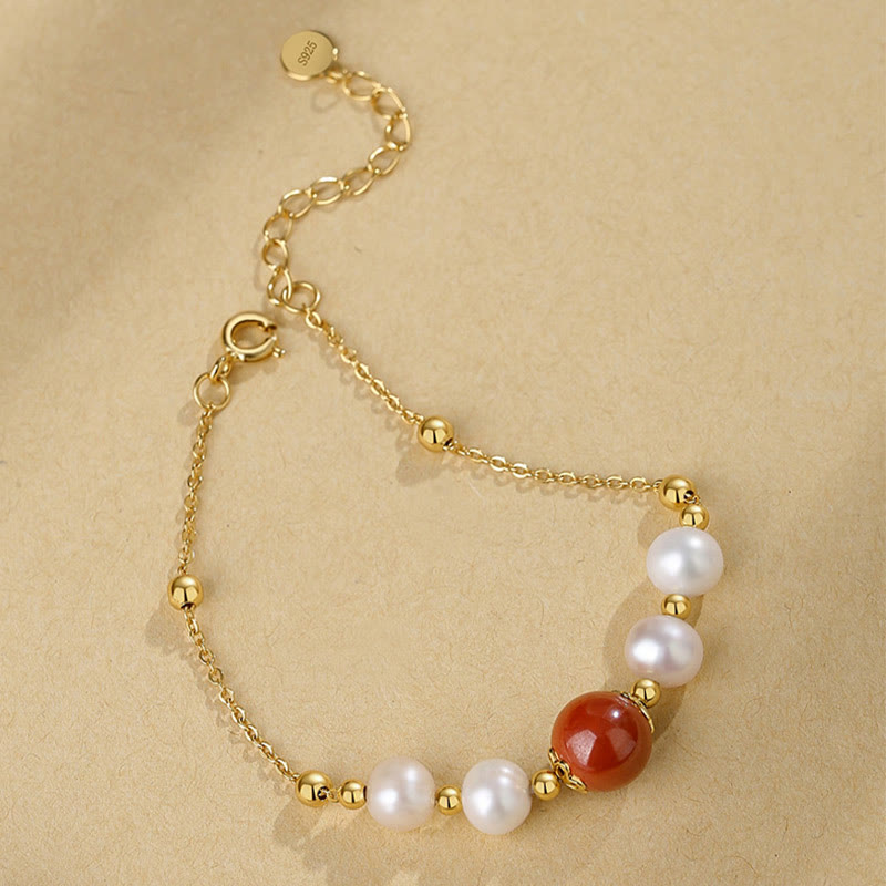 Buddha Stones925スターリングシルバー パール シナバー ヒーリングビーズチェーンブレスレット