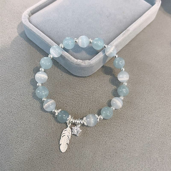 Buddha Stones 925スターリングシルバー アクアマリン キャッツアイ ヒーリングフェザースターチャームブレスレット