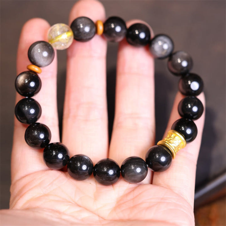 Buddha Stones天然銀光沢黒曜石クリスタルオーム・マニ・パドメ・フムビーズ守護ブレスレット