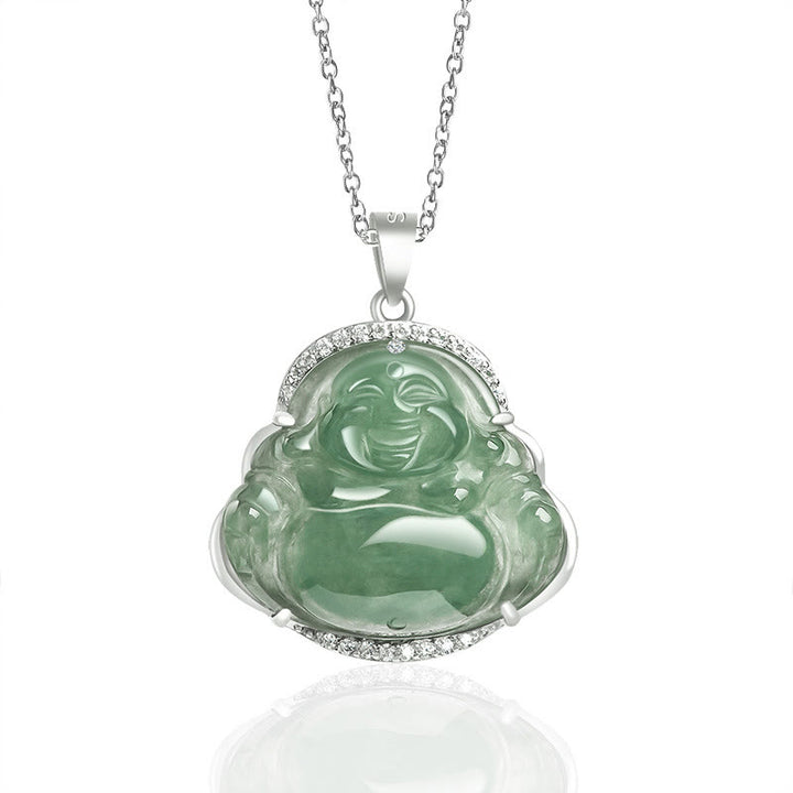Buddha Stones925スターリングシルバー 笑う仏陀 天然翡翠 幸運 繁栄 ネックレス チェーン ペンダント - 笑い仏（幸せ♥富） - image 1