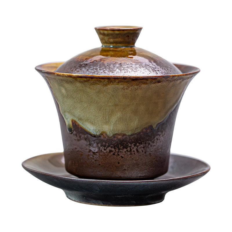 Buddha Stonesヴィンテージ ブラウン 窯変デザイン 磁器 セラミック 蓋碗 三彩 ティーカップ カンフー ティーカップ＆ソーサー 蓋付き