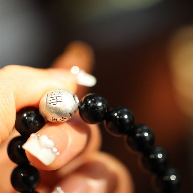 Buddha Stones 925スターリングシルバー ブラックオニキスビーズ キャラクター刻印入り 守護ブレスレット