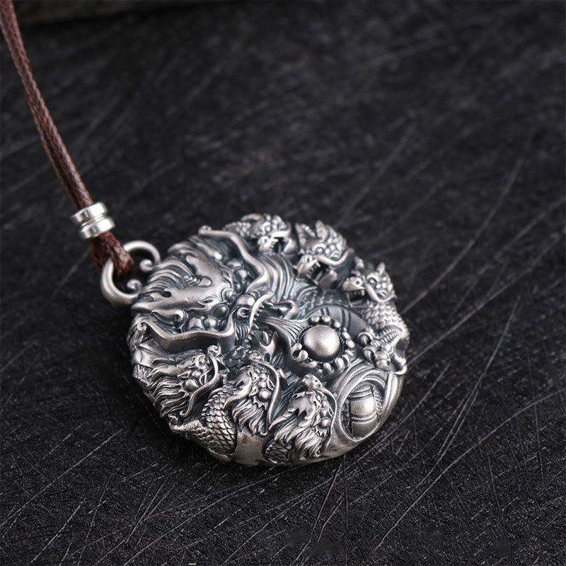 Buddha Stones999スターリングシルバー 九龍が真珠と戯れる 幸運の守護ネックレスペンダント