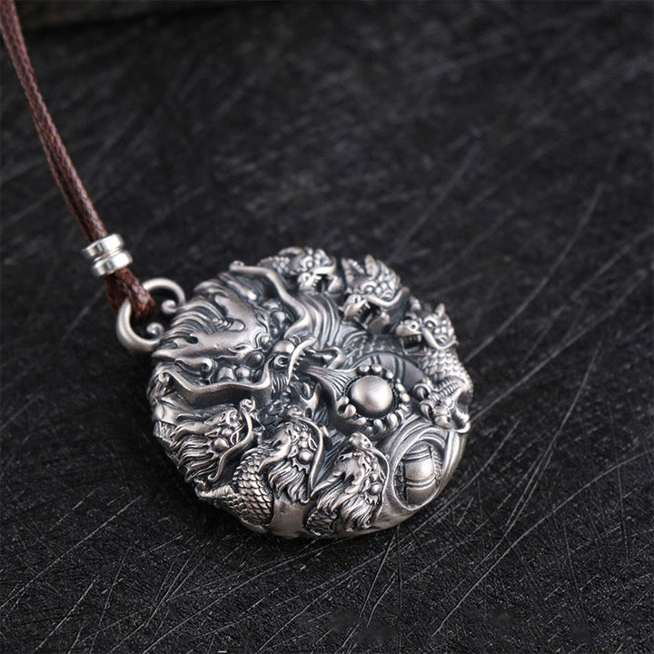 Buddha Stones999スターリングシルバー 九龍が真珠と戯れる 幸運の守護ネックレスペンダント