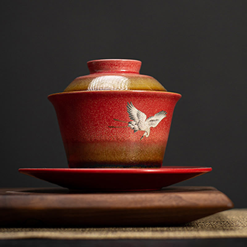 Buddha Stones赤縁起の良い鶴 陶器 蓋碗三彩 ティーカップ カンフーティーカップ＆ソーサー 蓋付き
