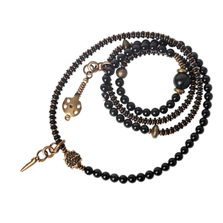 Buddha Stonesレインボーオブシディアン 黒檀 木 銅 ポジティブ マルチレイヤーブレスレット