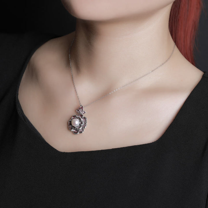 Buddha Stones999スターリングシルバー 牡丹花パール ヒーリングネックレスペンダント