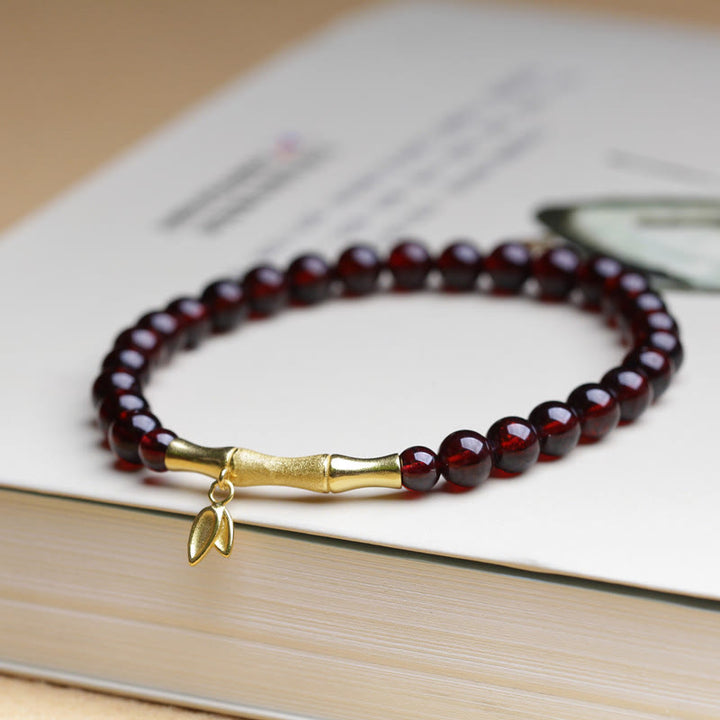 Buddha Stones 14K銅メッキゴールド 925スターリングシルバーメッキゴールド天然ガーネット竹保護ブレスレット