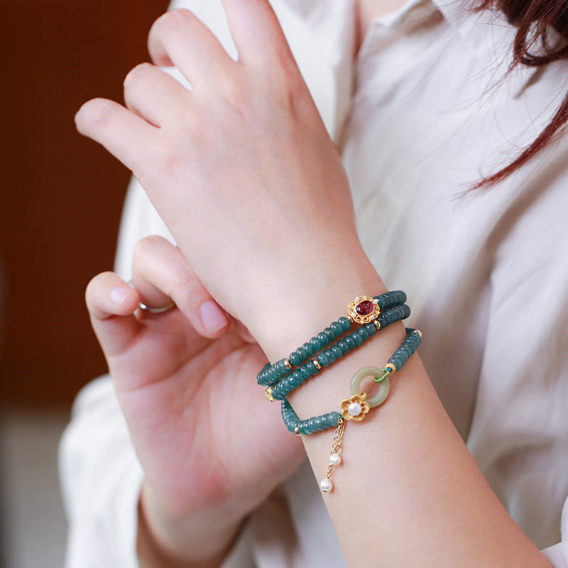 Buddha Stones 925スターリングシルバー ゴールドメッキ シアン翡翠フラワー ピースバックル 成功トリプルラップブレスレット