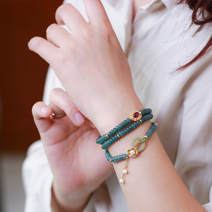 Buddha Stones 925スターリングシルバー ゴールドメッキ シアン翡翠フラワー ピースバックル 成功トリプルラップブレスレット