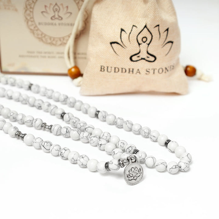 Buddha Stonesホワイトターコイズ ロータスMalaヒーリングブレスレット