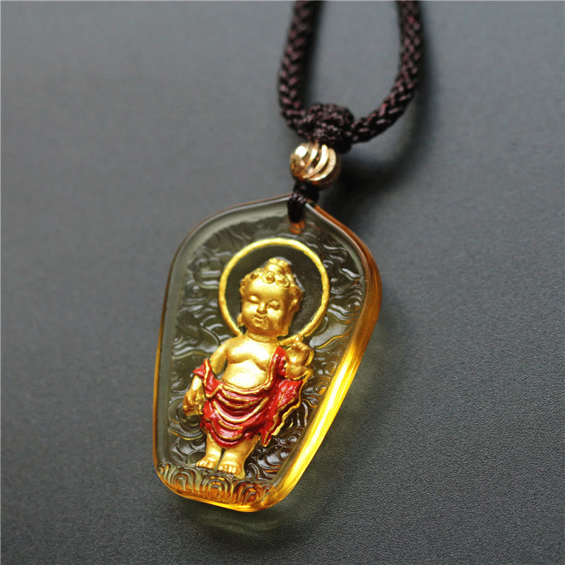 Buddha Stonesチベット仏 リュウリ クリスタル セレニティ ネックレス ペンダント - 黄色の袈裟仏 - image 1