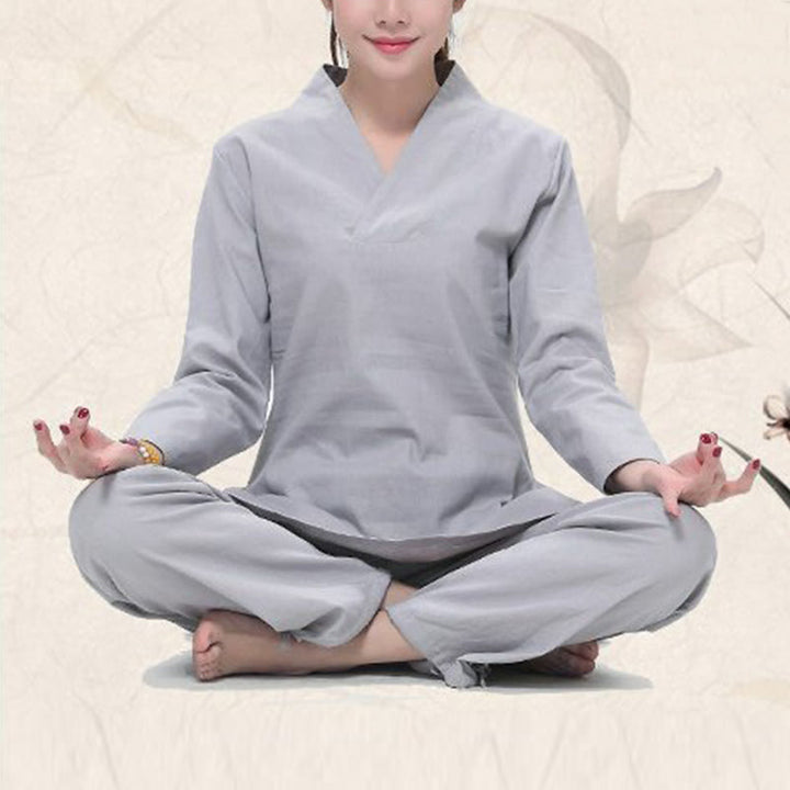 Buddha Stones禅 練習 ヨガ 瞑想 祈り Vネックデザイン ユニフォーム コットンリネン 服 レディース セット - image 8