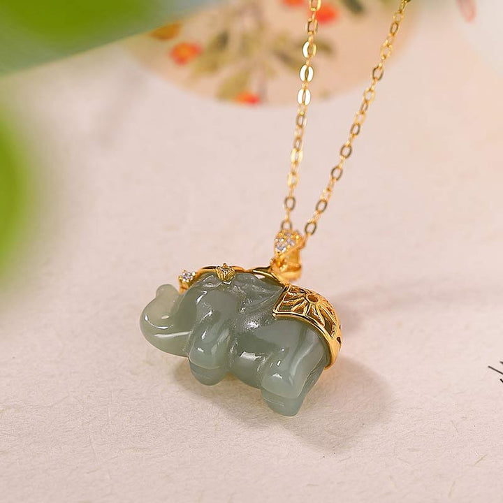Buddha Stones925スターリングシルバー 翡翠象の幸運の祝福ネックレスチェーンペンダント