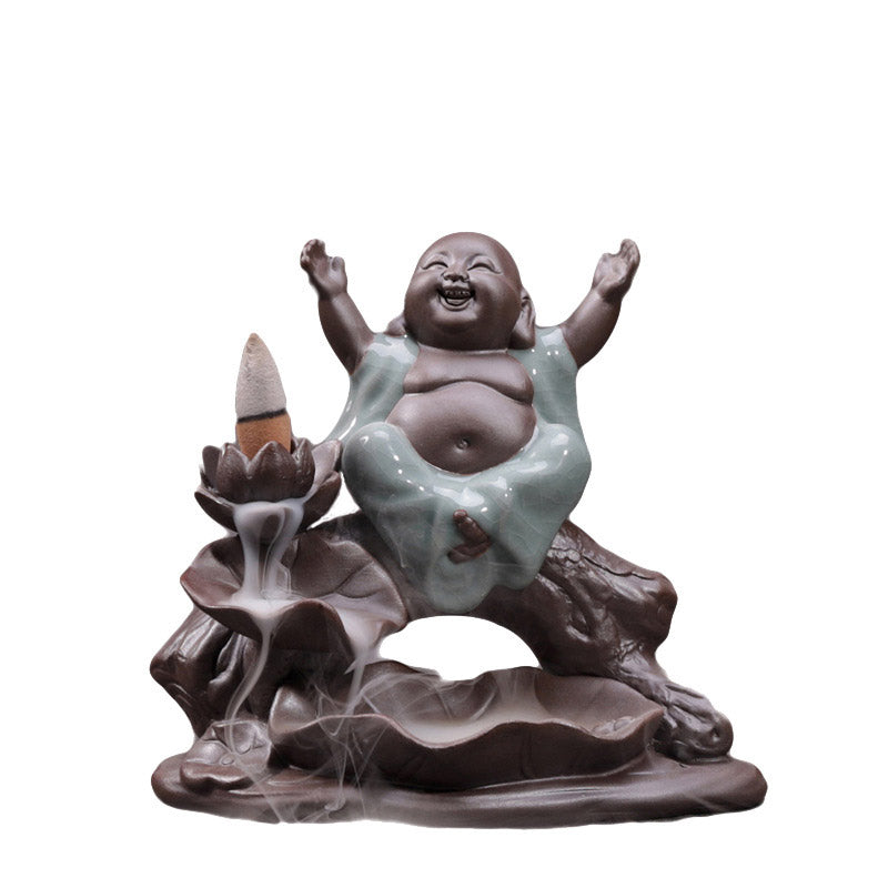 Buddha Stones小さな僧侶 陶器 蓮の祝福 香炉 装飾