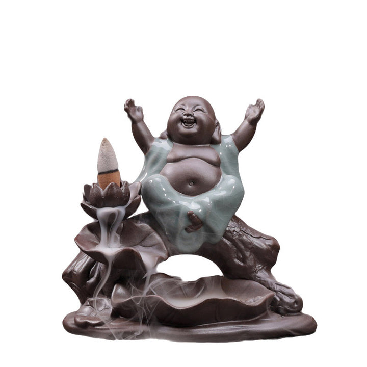 Buddha Stones小さな僧侶 陶器 蓮の祝福 香炉 装飾