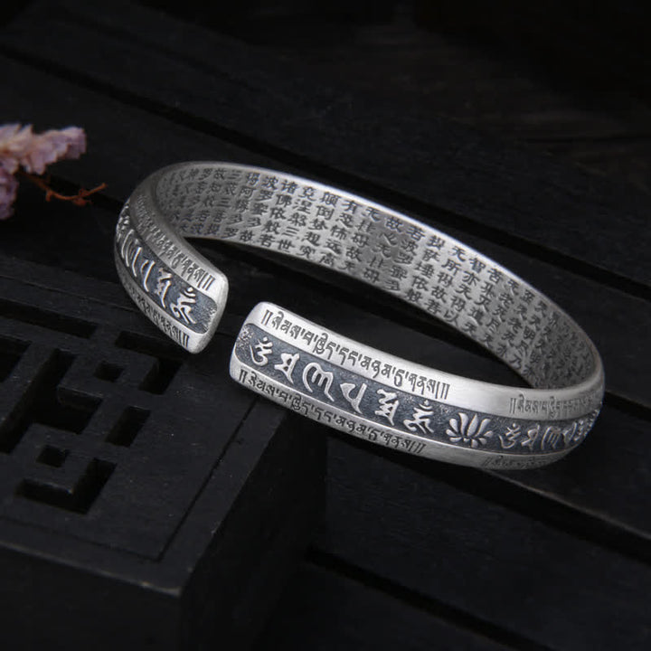 Buddha Stones999スターリングシルバーオーム・マニ・パドメ・フム般若心経 蓮華座 平和ブレスレット バングル