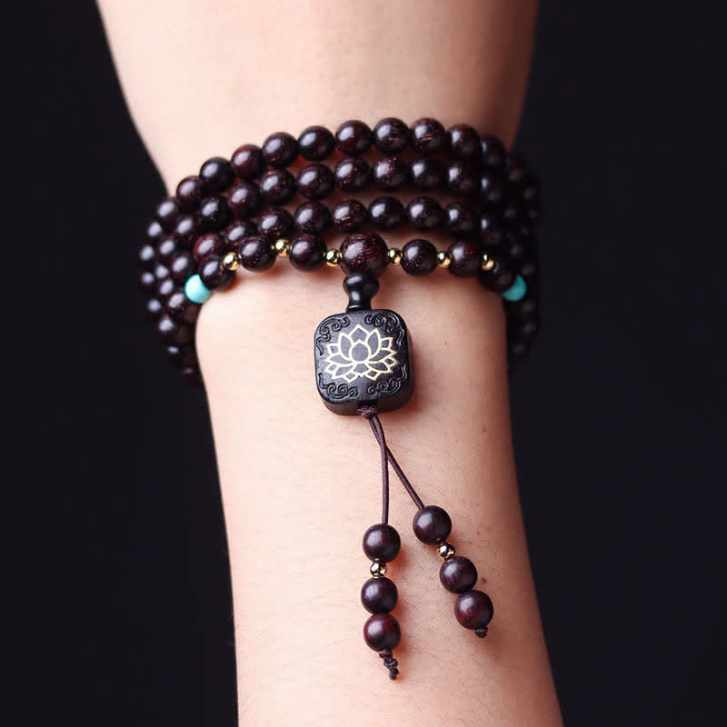 Buddha Stones 108Malaチベット小葉紅檀蓮華バランスブレスレット