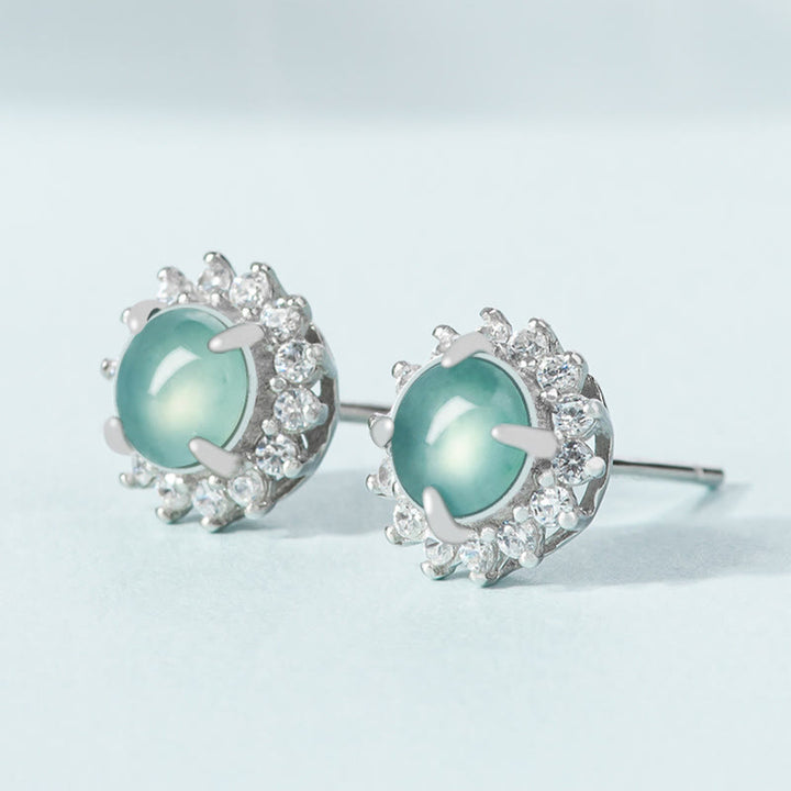 Buddha Stones925スターリングシルバー ラウンド翡翠 幸運の豊かさ スタッドピアス