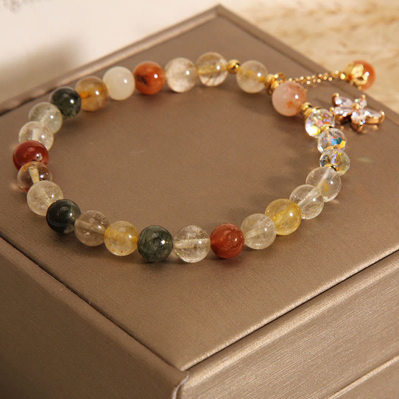 Buddha Stonesマルチカラー ルチルクォーツ 縁起物 ジルコン フラワー ブレスレット