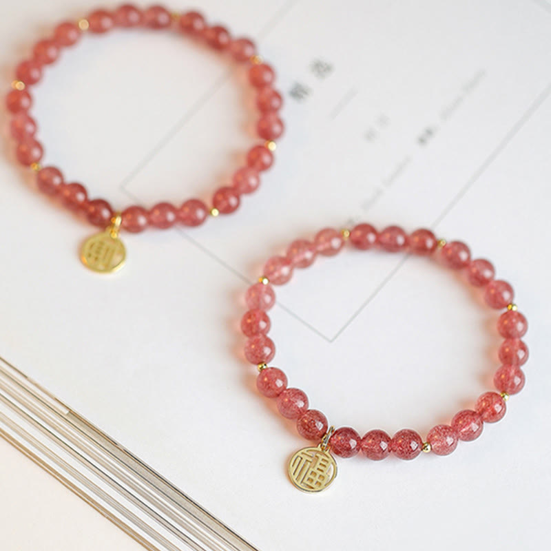 Buddha Stones14Kゴールドメッキ ストロベリークォーツ フーキャラクター ヒーリングチャームブレスレット